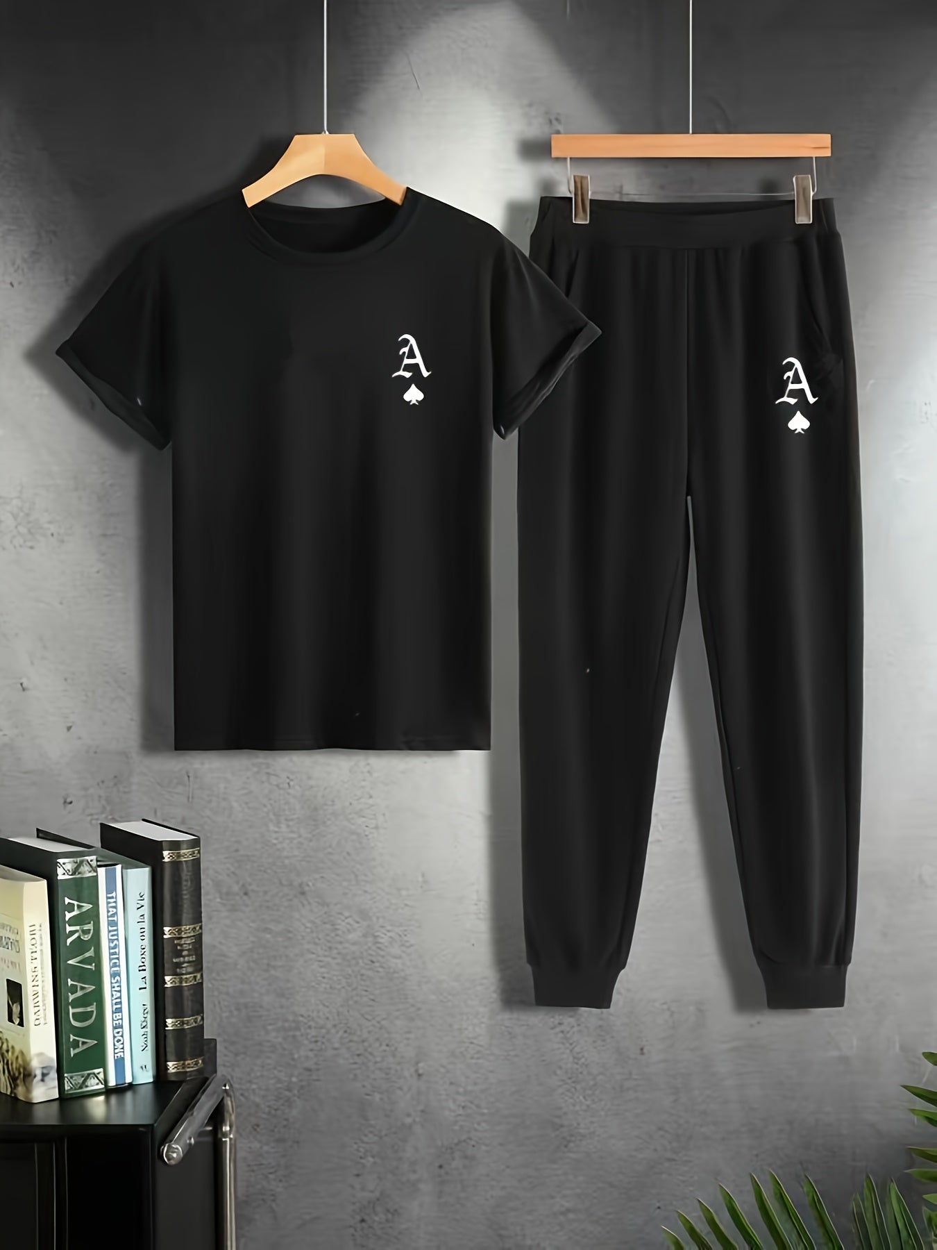 Men's Summer Casual Pajama Set Solid Polyester Crew Neck Short Sleeve T-Shirt and Joggers