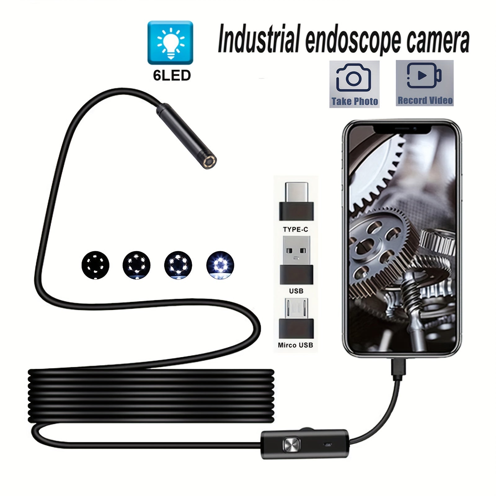 5.5mm Endoskop Kamera Type C Kabel bilan Android Windows Qurilmalari uchun 1m-10m Uzunlikda 480P Video Tekshiruvi