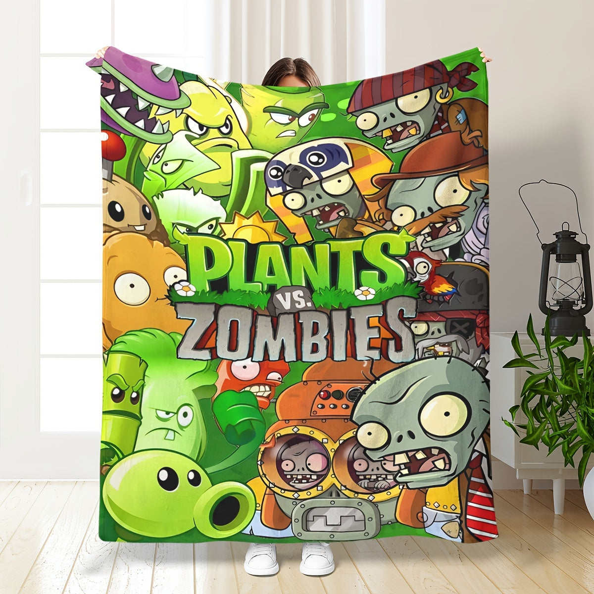 Fleece Blanket with Plants vs Zombies Print Knitted Soft Throw for All Seasons