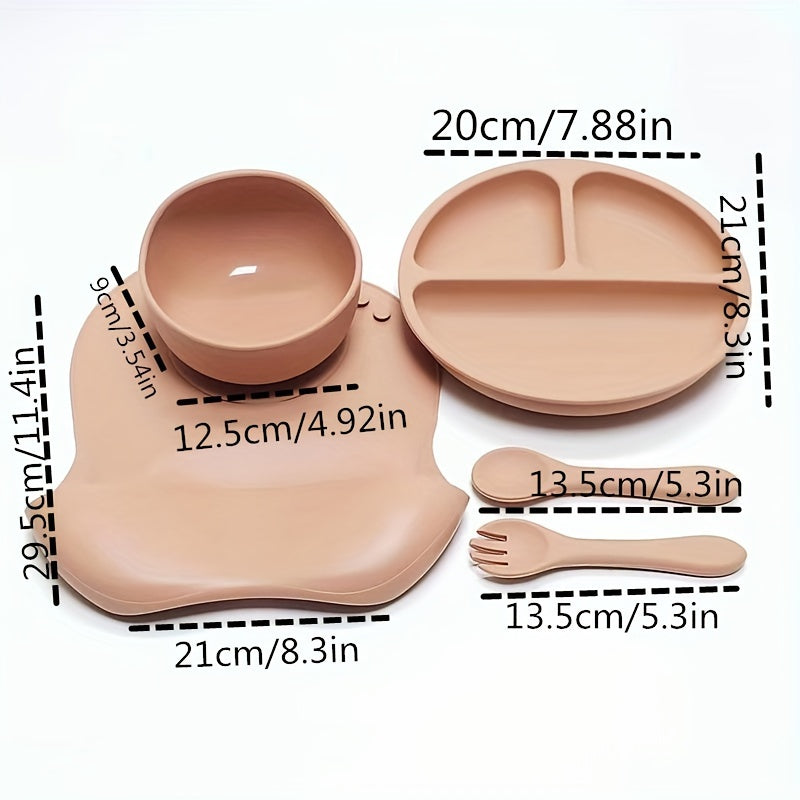 Juego de vajilla de silicona para niños con cuenco, plato dividido, cuchara, tenedor, babero impermeable