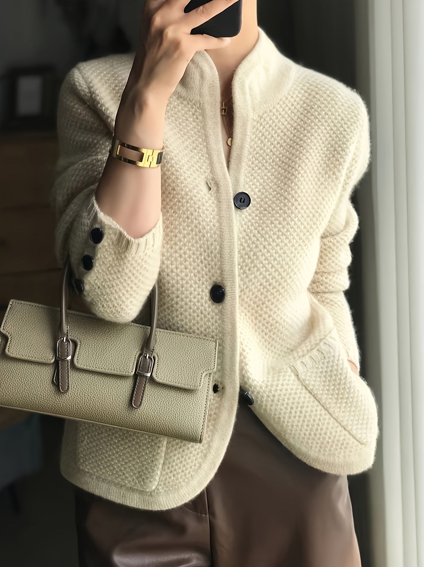 Cárdigan de punto con botones para mujer para primavera y otoño, color sólido, elasticidad media