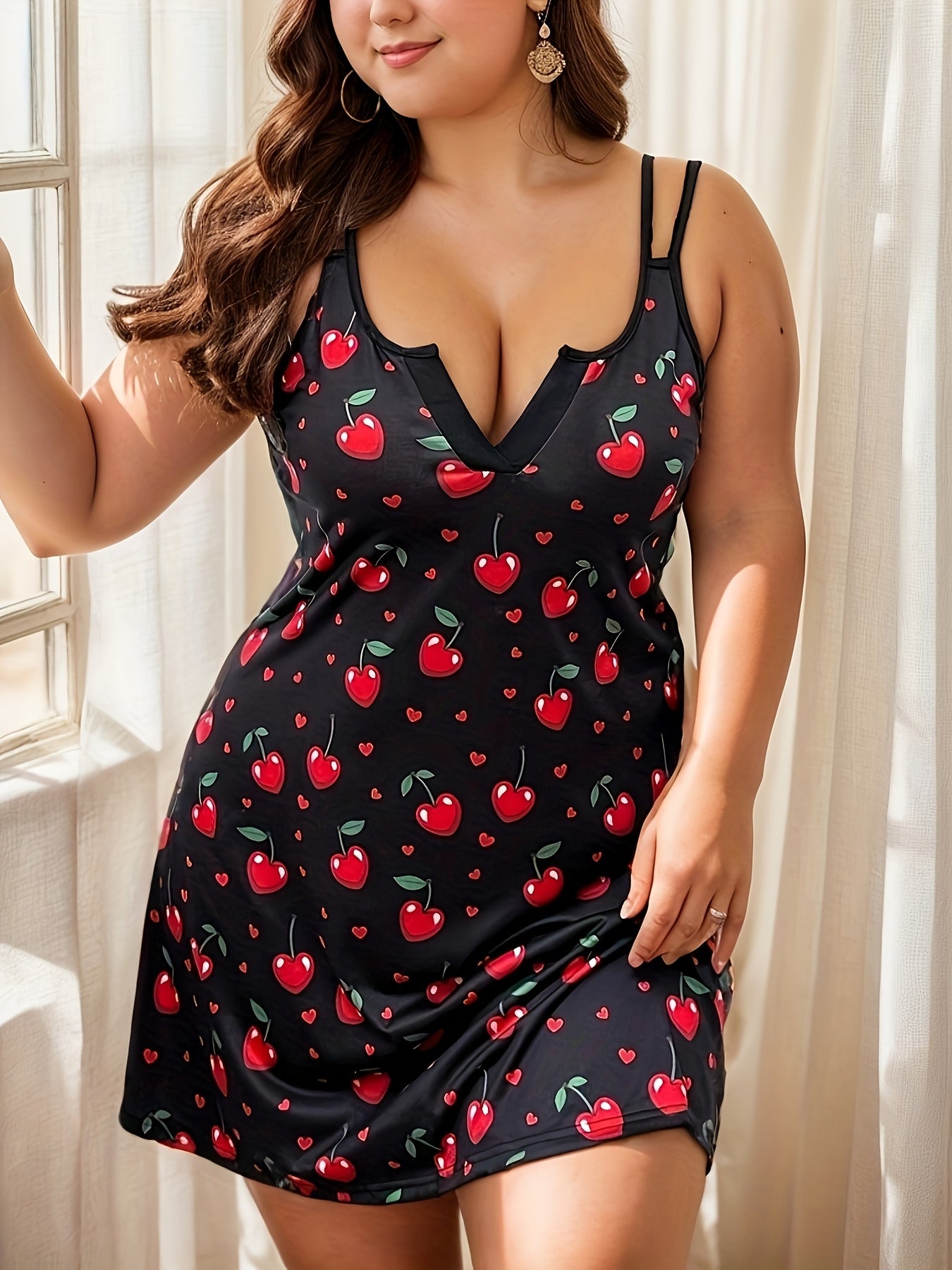 Women's Cherry Print V-Neck Cami Dress Polyester All-Season Slip Dress