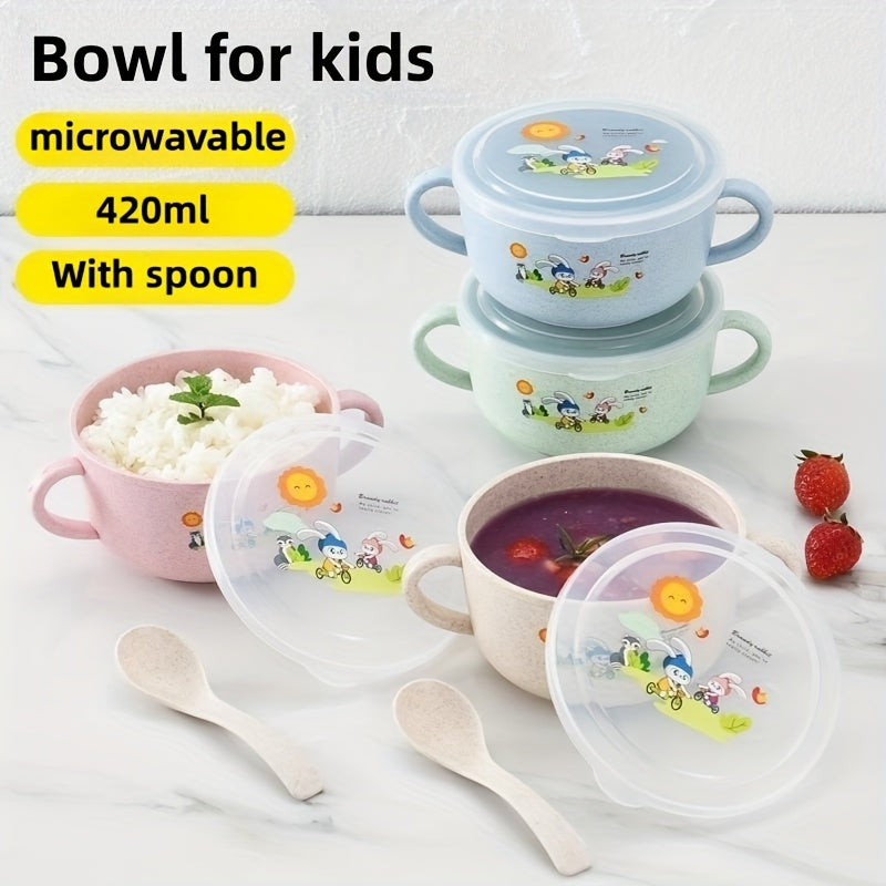 Kids Insulated Cartoon Bowl with Cutlery and Lid for Snacks and Fruits