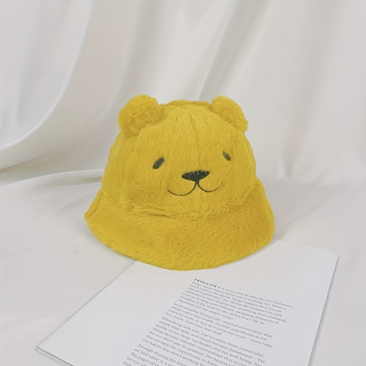 Women's Fuzzy Bucket Hat with Bear Embroidery Yellow White Cozy Winter Wear