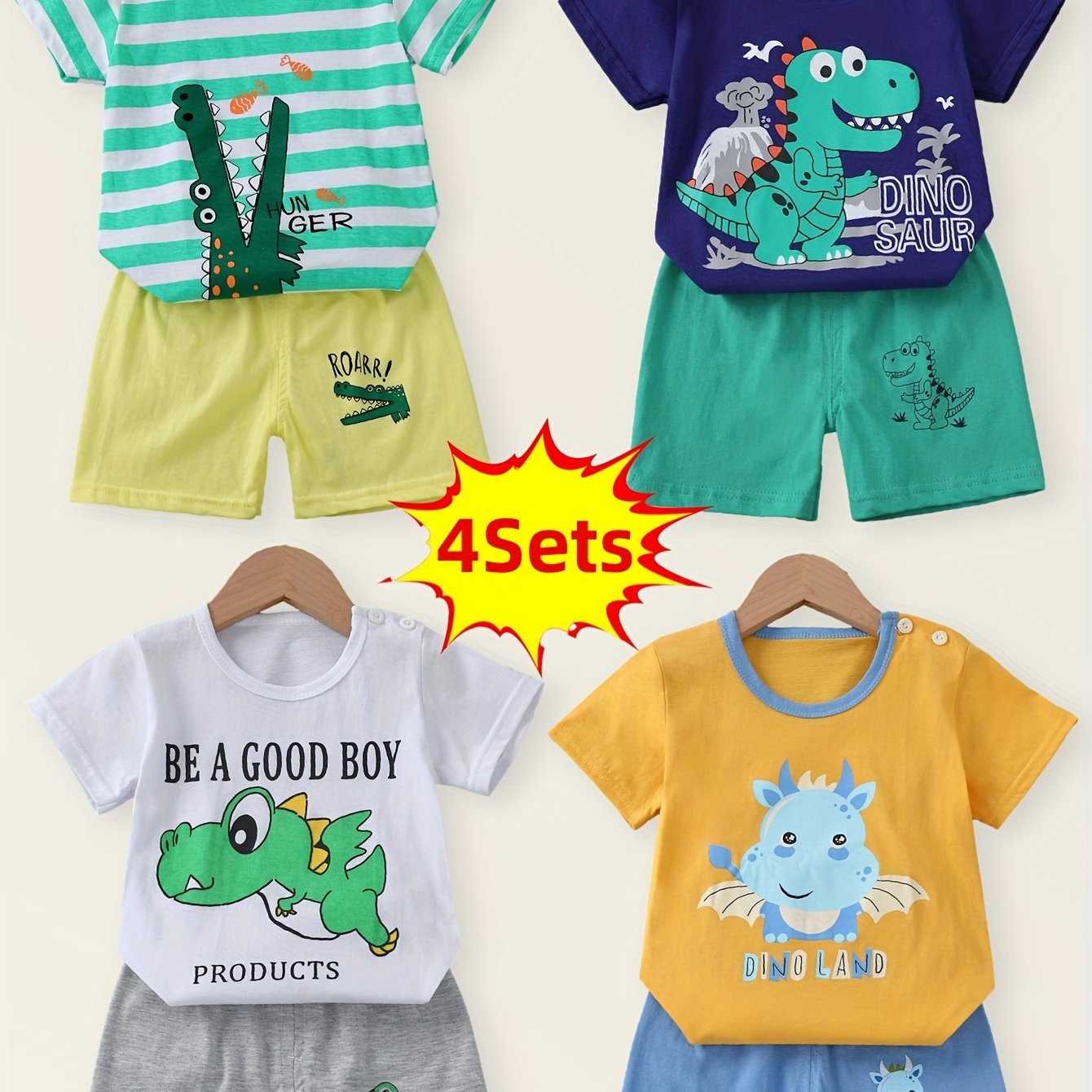 Kids Boys 4-Piece Casual Animal Print Outfit Set Cotton Summer T-Shirt Shorts