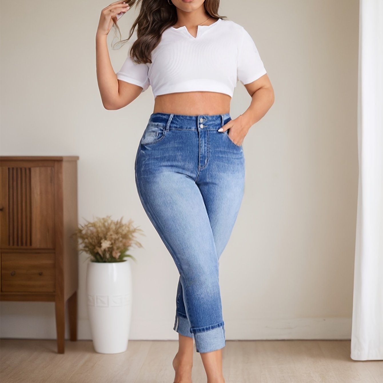 Women's Elastic High Waist Denim Seven-Eighth Pants Large Size