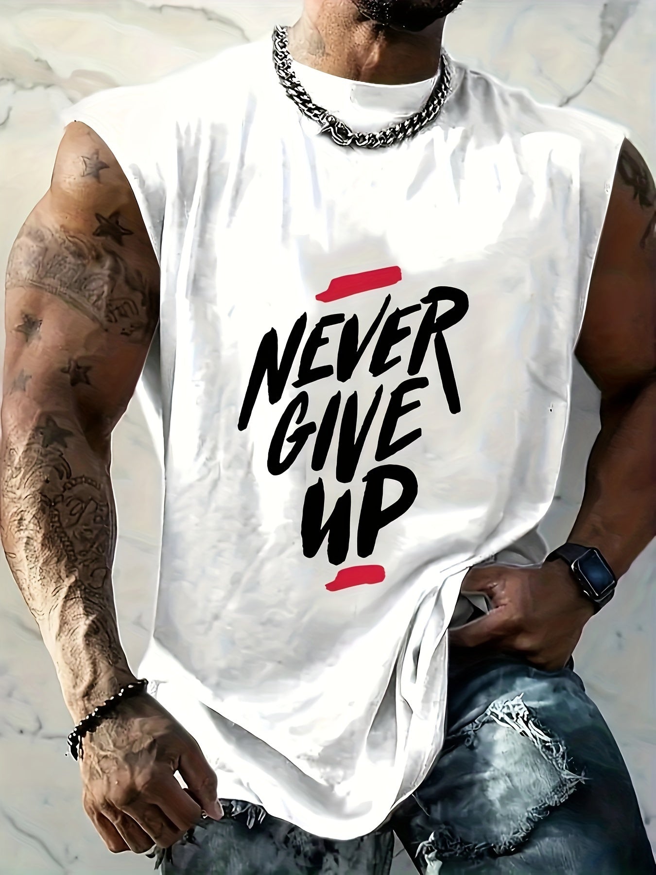 Men's Plus Size Tank Top Black with White Red "Never Give Up" Motivational Gym Basketball Sleeveless