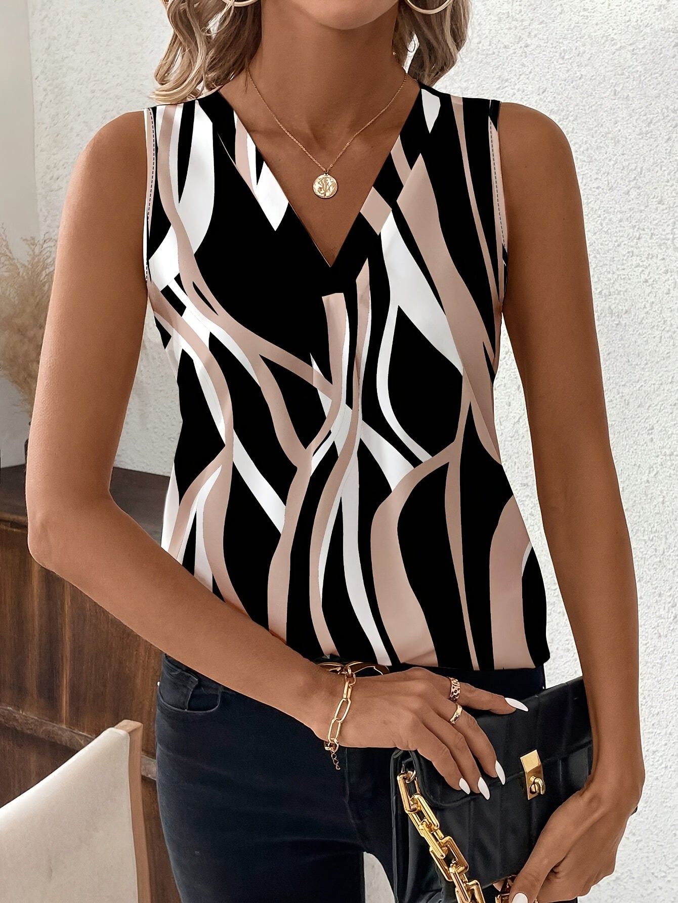 Women's V-Neck Sleeveless Blouse Lightweight Polyester Black Beige Abstract Print