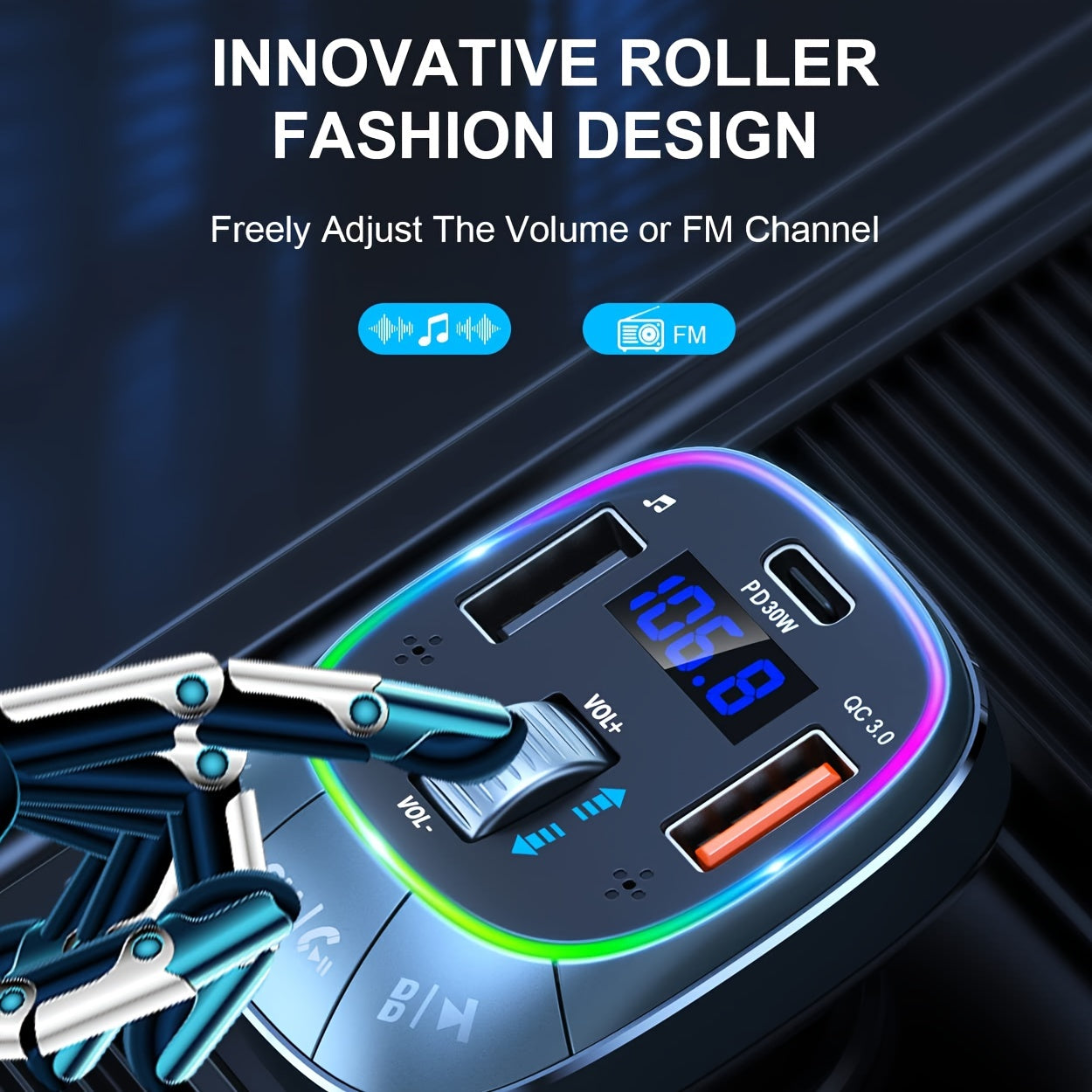 Wireless Car Adapter with Hands-Free Calling RGB Backlit Fast Charging