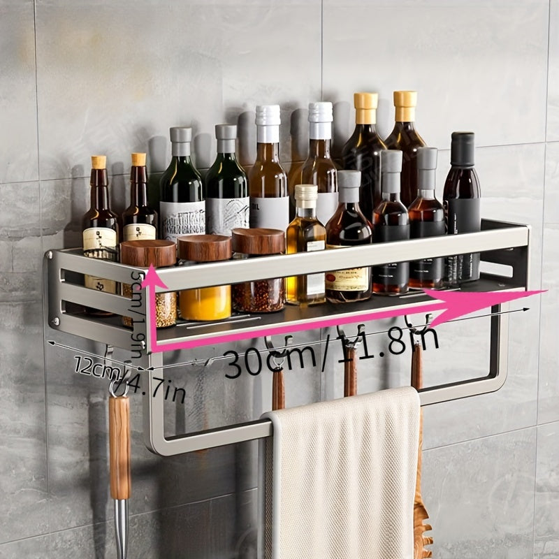 Wall-Mounted Kitchen Storage Rack with Seasoning Shelf and Utensil Holder