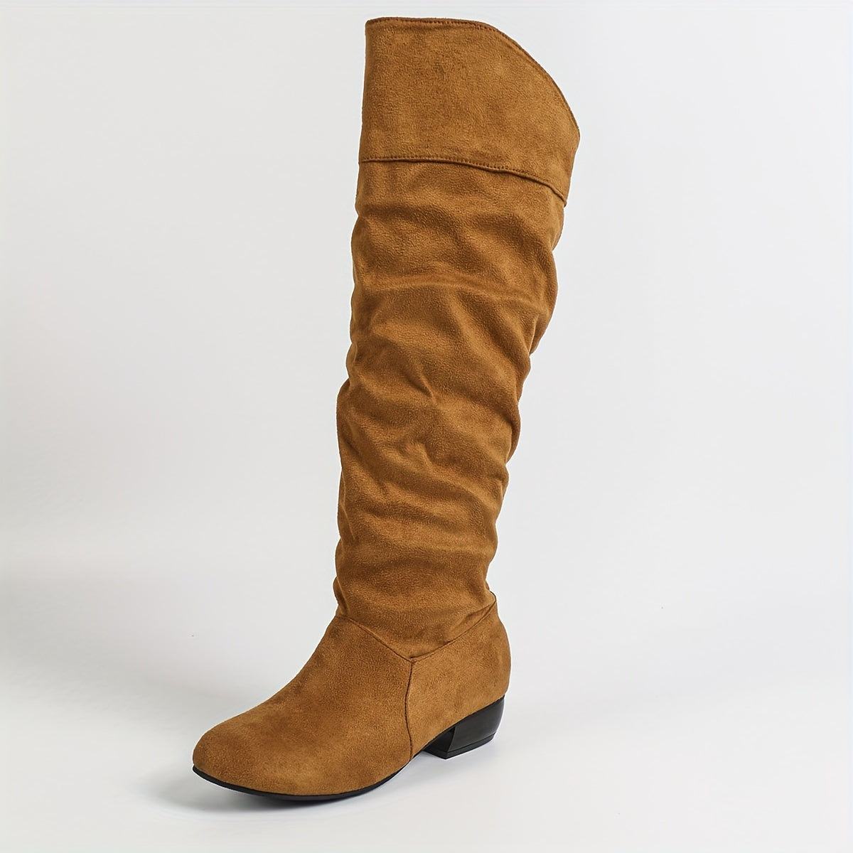 Women's Mid-Calf Stretch Boots Chunky Heel Slip-On Solid Color