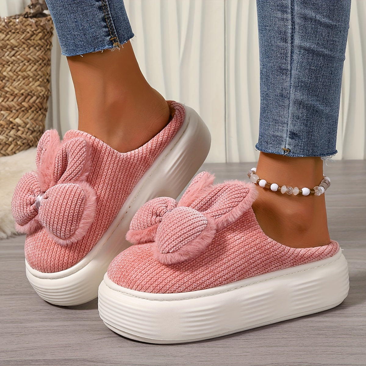 Women's Fleece-Lined Warm Slippers Non-Slip Indoor with Bows