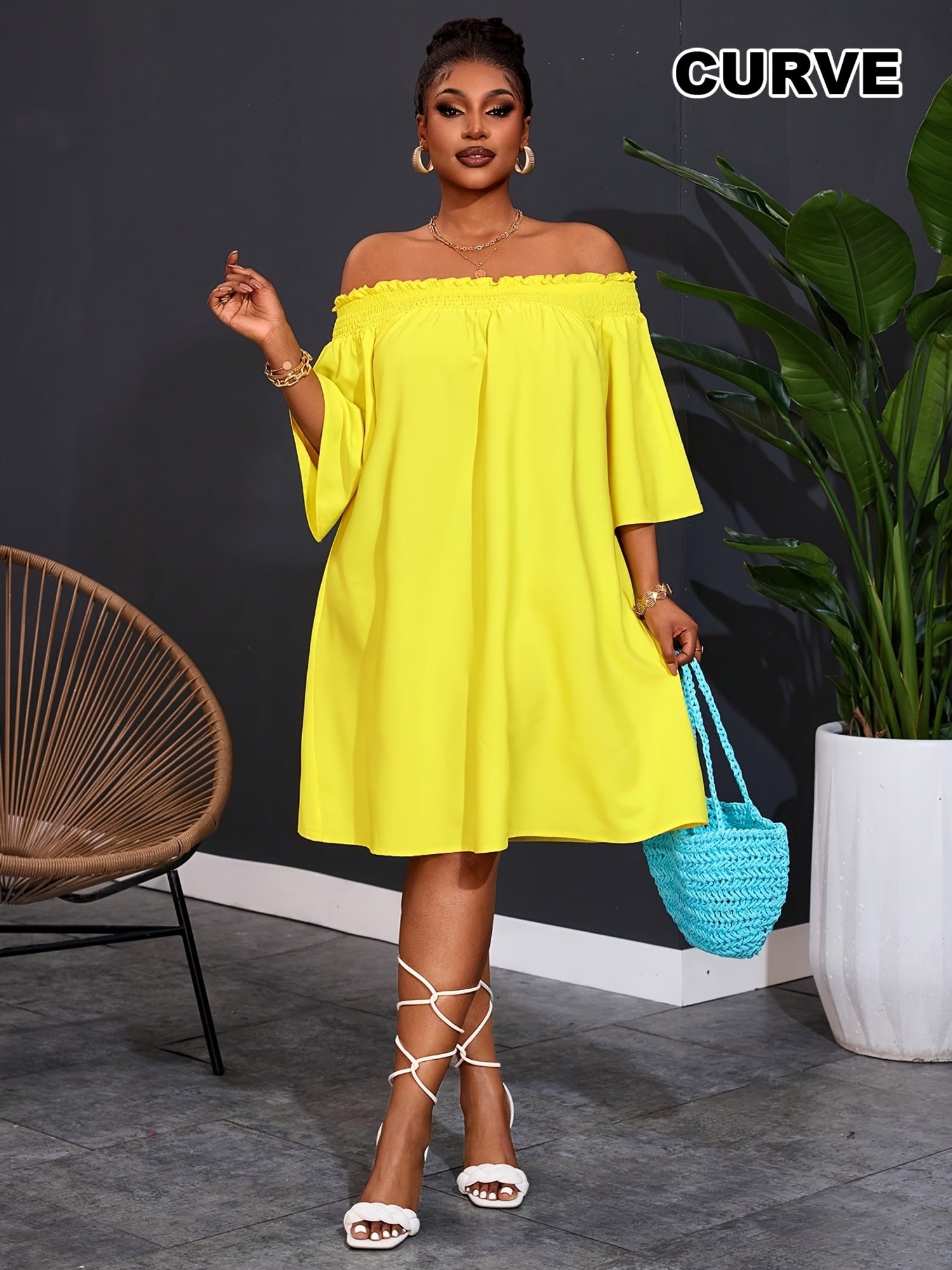 Plus Size Womens Off Shoulder Flared Hem Party Dress Yellow Casual Summer