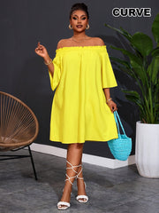 Plus Size Womens Off Shoulder Flared Hem Party Dress Yellow Casual Summer