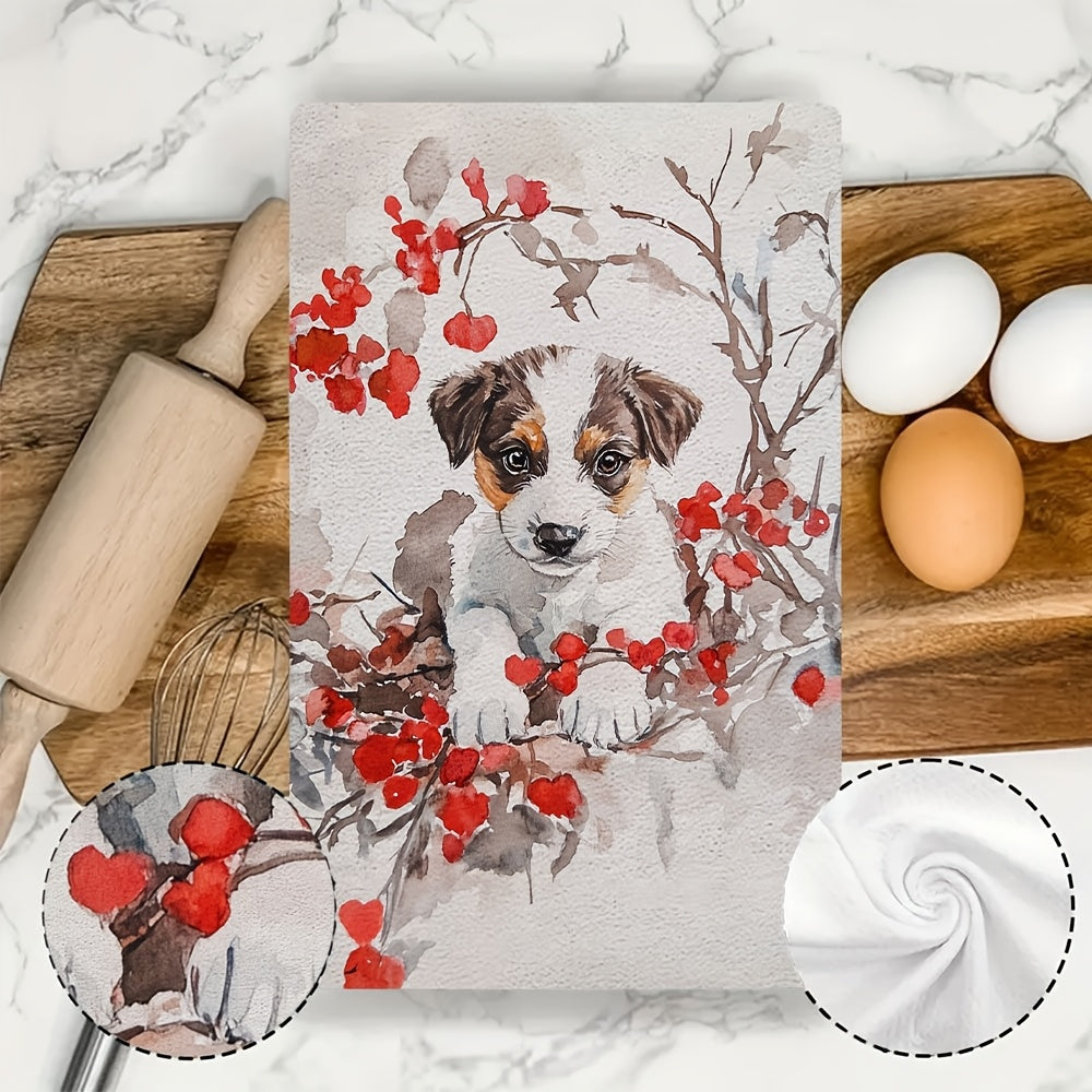 Juego de 2 toallas de cocina ultra suaves con frambuesas rojas y cachorro, absorbentes para secar platos