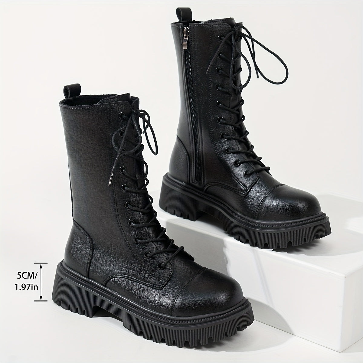 Women's Mid-Calf Thick-Sole Hiking Boots Black Winter Slip-Resistant Weatherproof