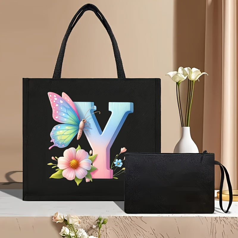 Set of 2 Floral Letter Print Canvas Tote Bags Large Handbag with Clutch Pouch