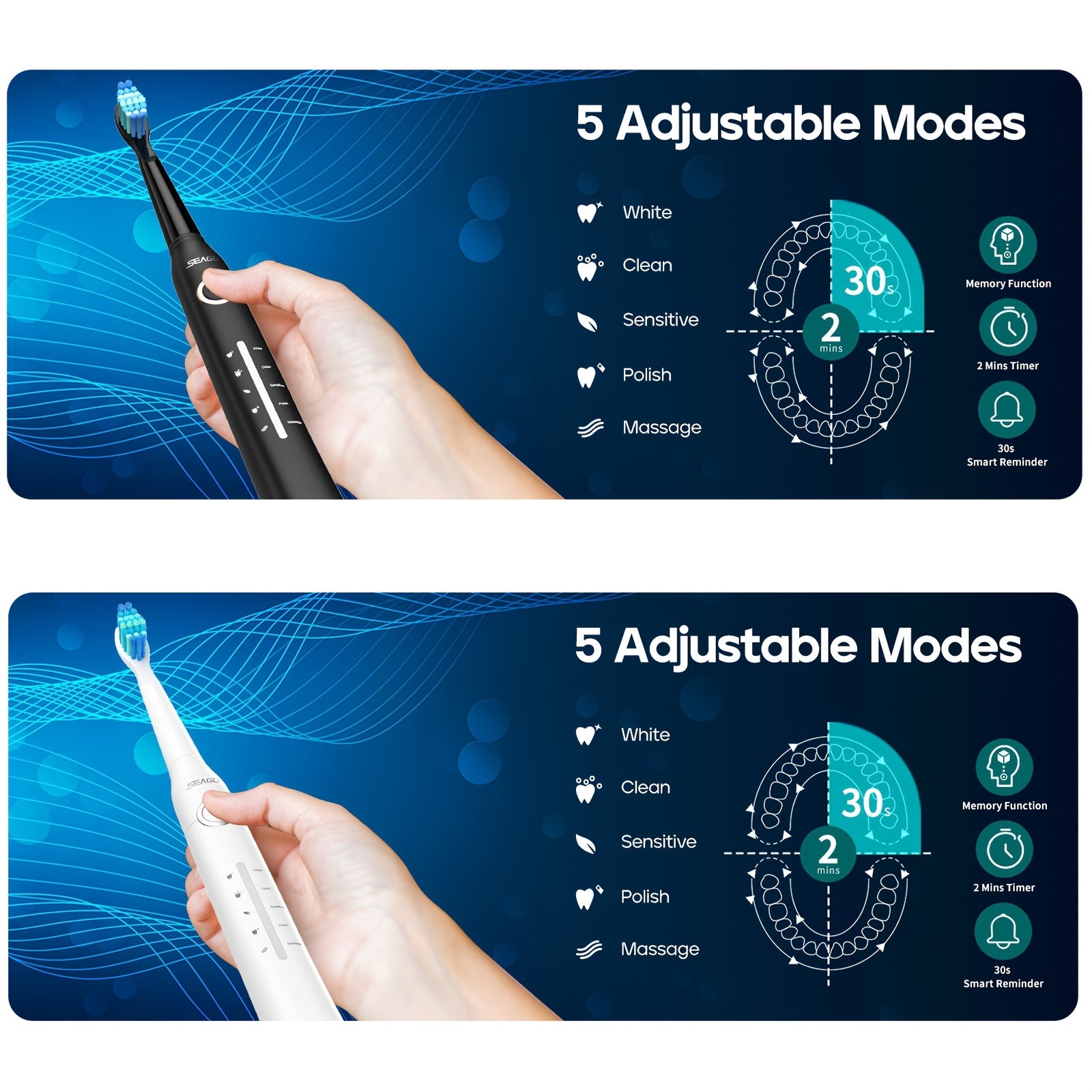 Cepillo de dientes eléctrico para adultos negro y blanco, recargable, 8 cabezales de cepillo