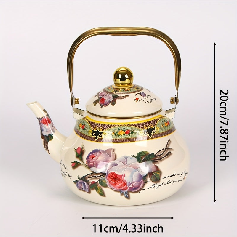 Vintage Enamel Tea Kettle with Gold-Plated Steel Handle 1100W Non-Electric Water Boiler