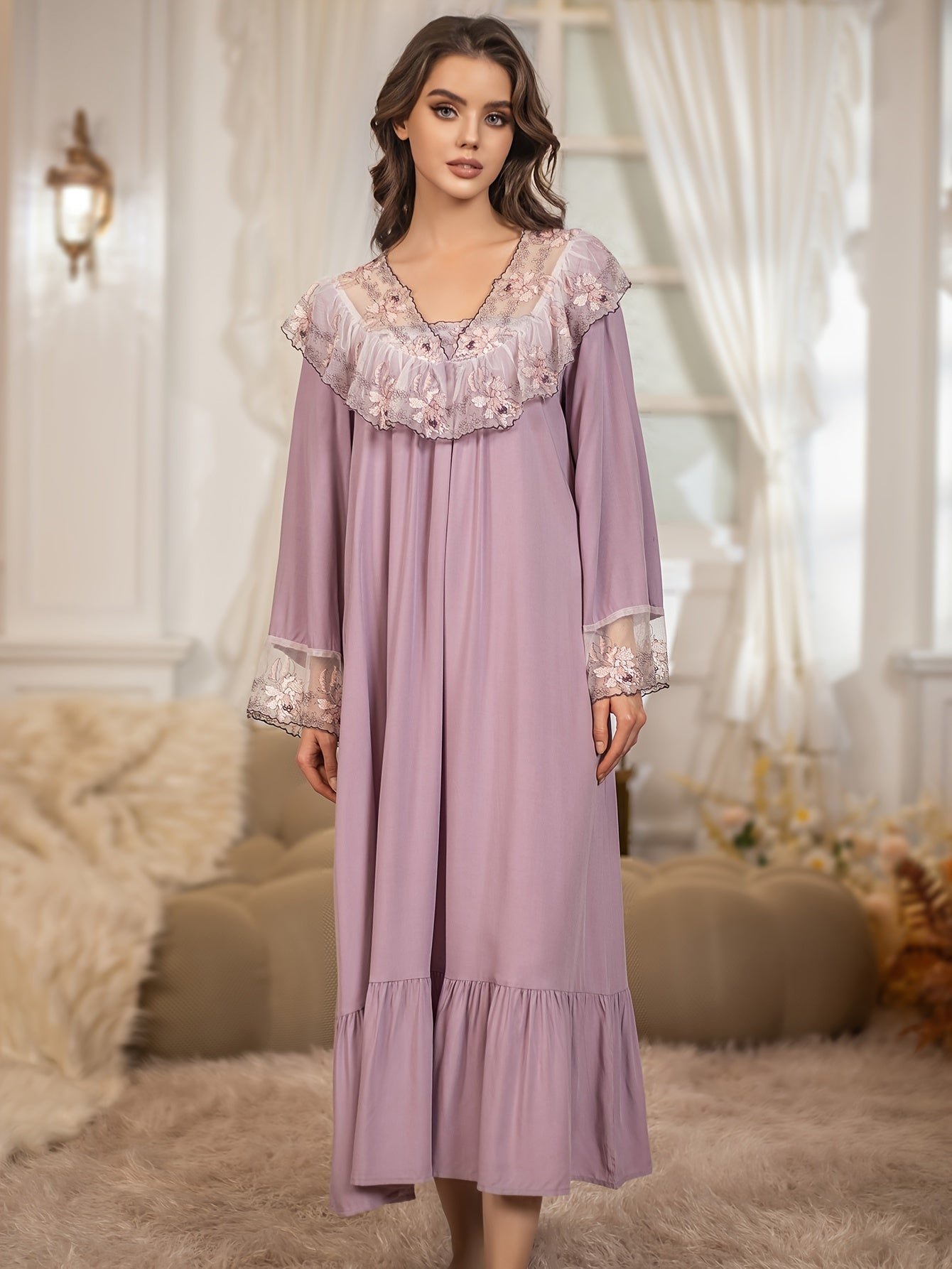 Ayollar uchun kattaroq o'lchamli gulliy naqshli tikilgan ruffle uzun qollu maxi kechki kiyimi