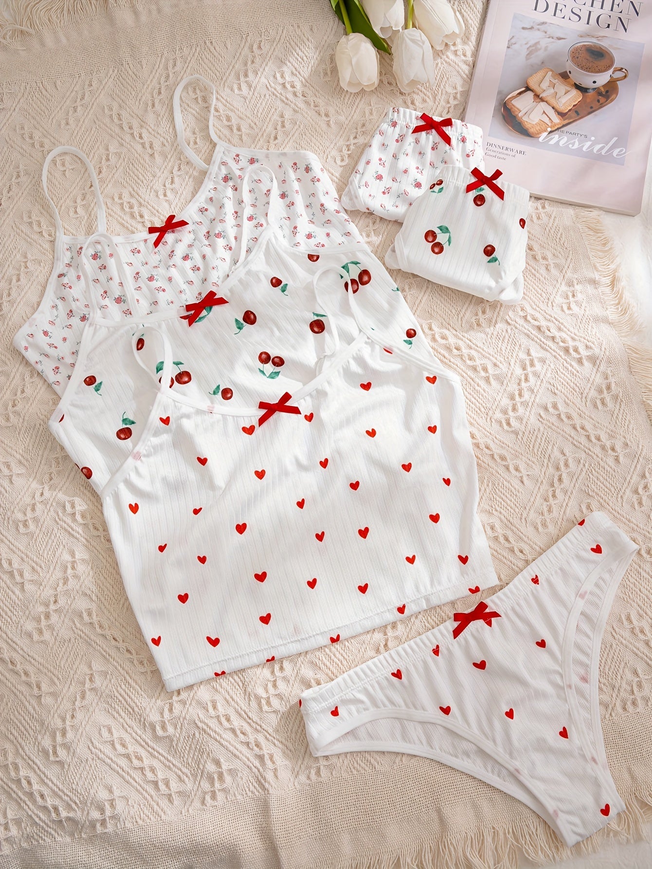 3 ta gullar naqshidagi brassu va ichki kiyim to'plami, kamon bezakli ribbed kamizol brassu to'plami ayollar uchun