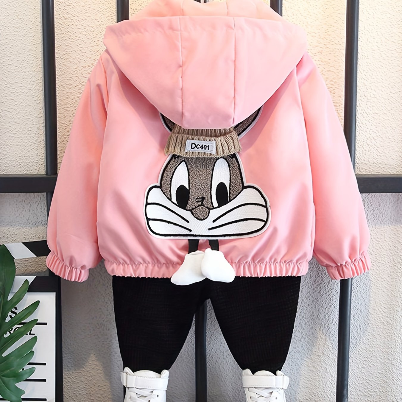 Girls' Long Sleeve Hooded Jacket with Rabbit Embroidery for Spring Fall Casual Kids Outerwear