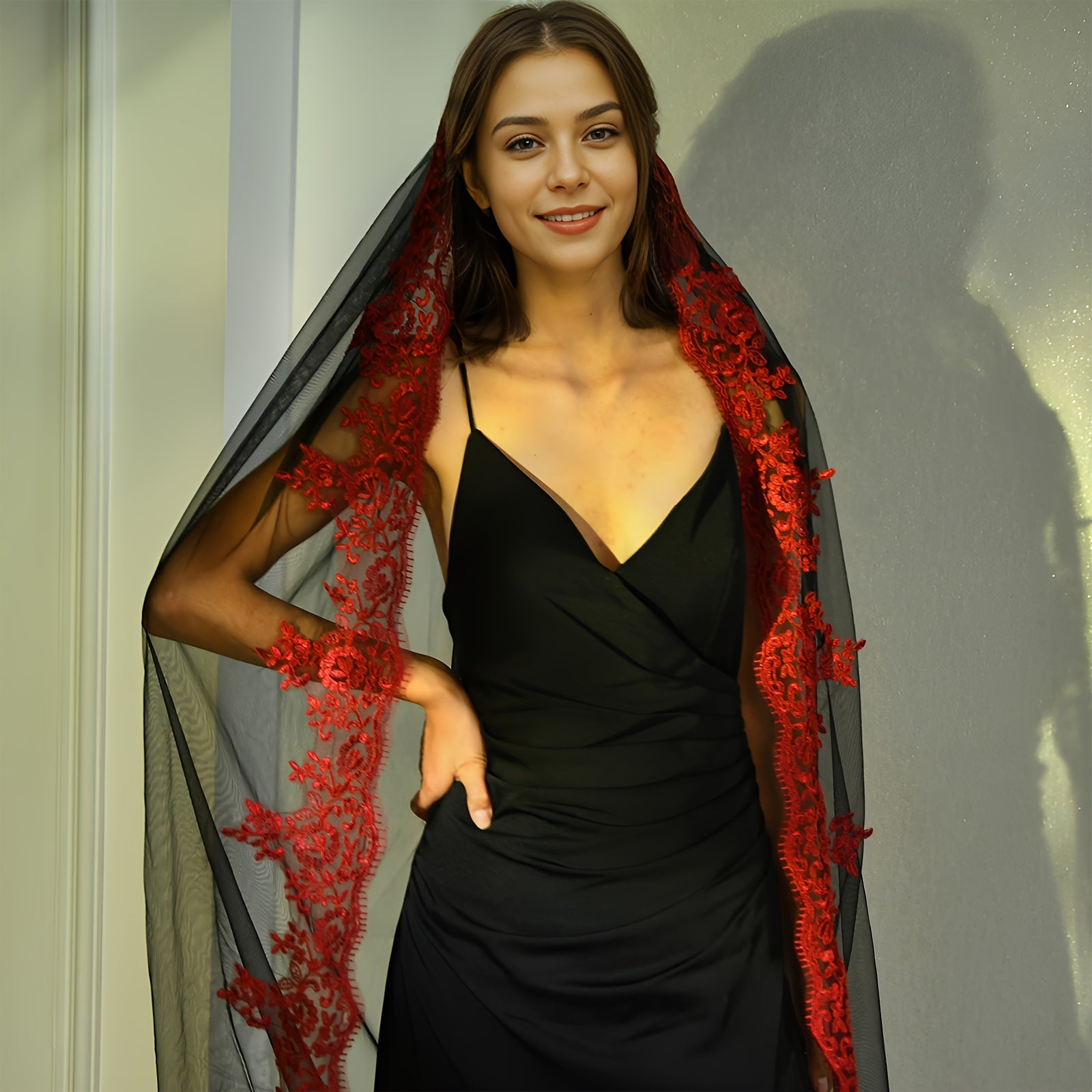 Bridal Veil with Comb 3m Long Black Burgundy Embroidered Wedding Accessory