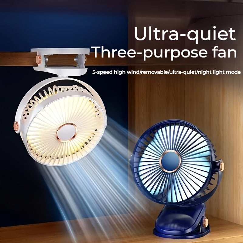 Portable Clip-On Table Fan with 360° Rotation 5-Speed Rechargeable Lithium Battery