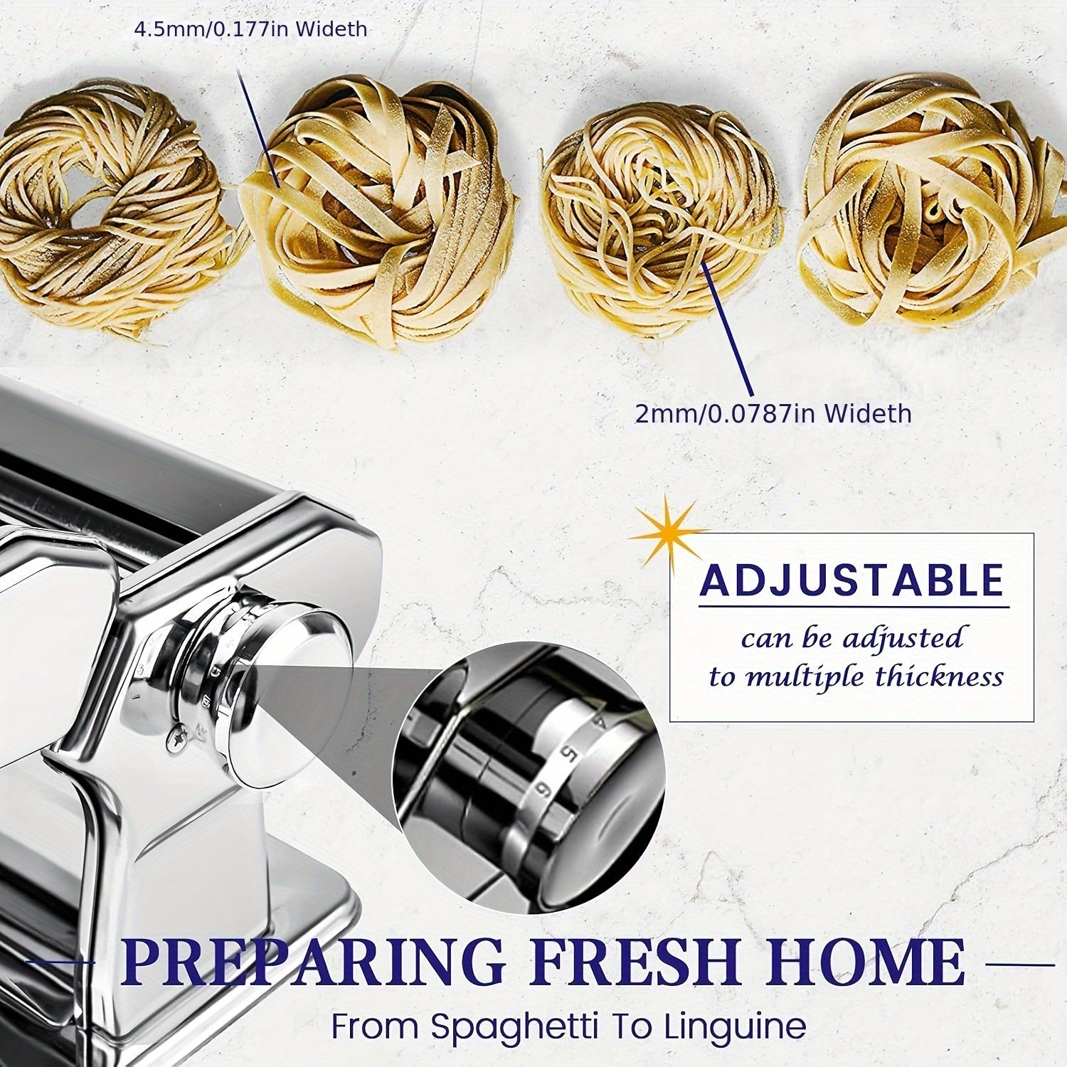 Stainless Steel Manual Pasta Maker with 7 Adjustable Thickness Settings for Noodles and Meat Slices