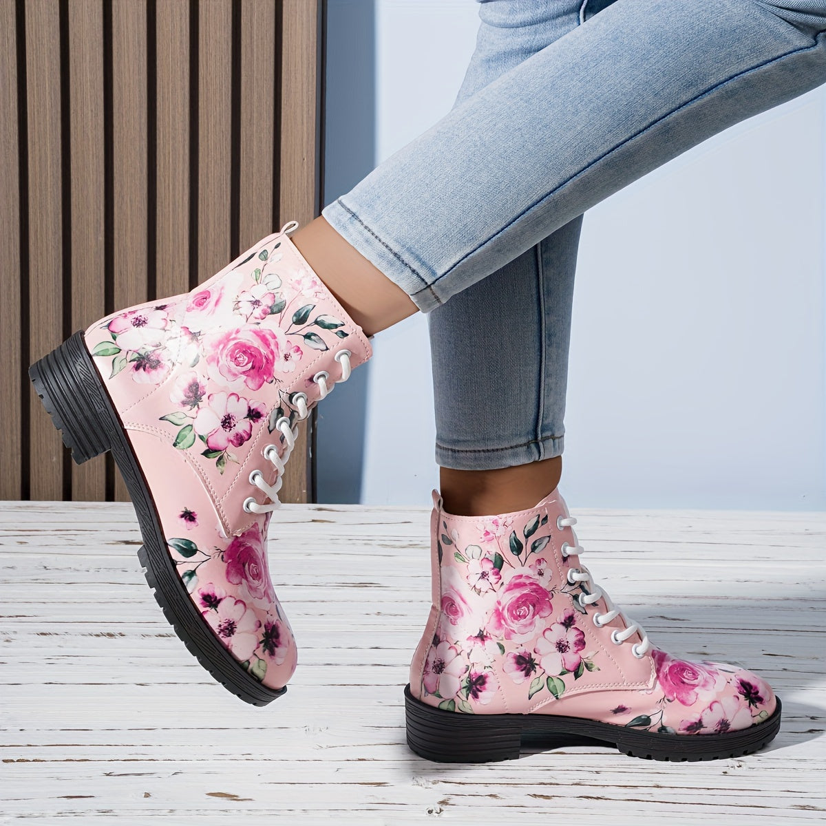 Women's Floral Print Mid-Calf Lace-Up Boots with Open Toe and Wide Width
