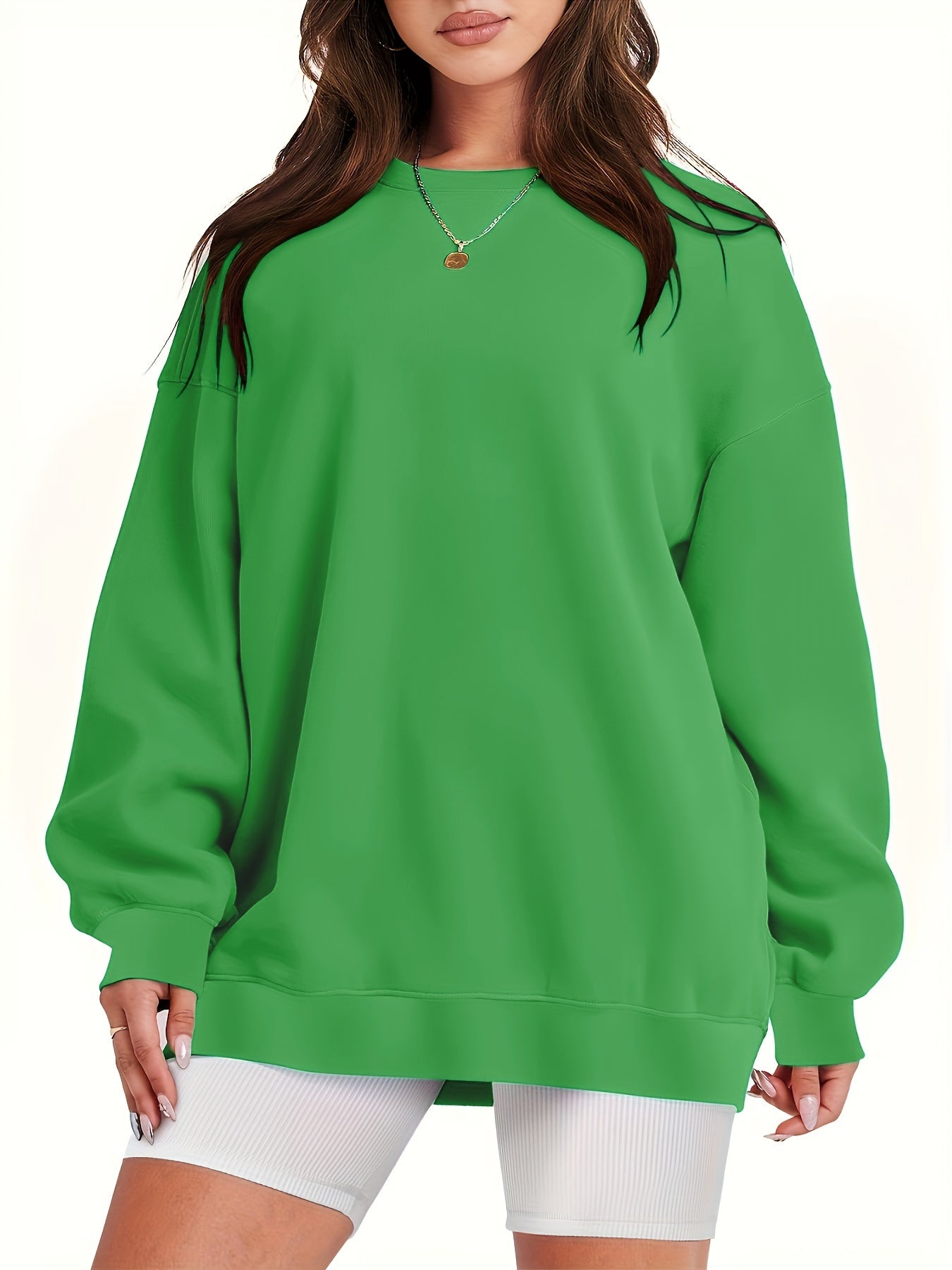 Women's Loose Cotton Long Sleeve Hoodie Round Neck Solid Color Pullover
