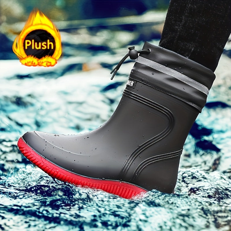 Unisex Waterproof Rain Boots with Fleece Lining Slip-Resistant for Outdoor Activities Black Gray Red Sole