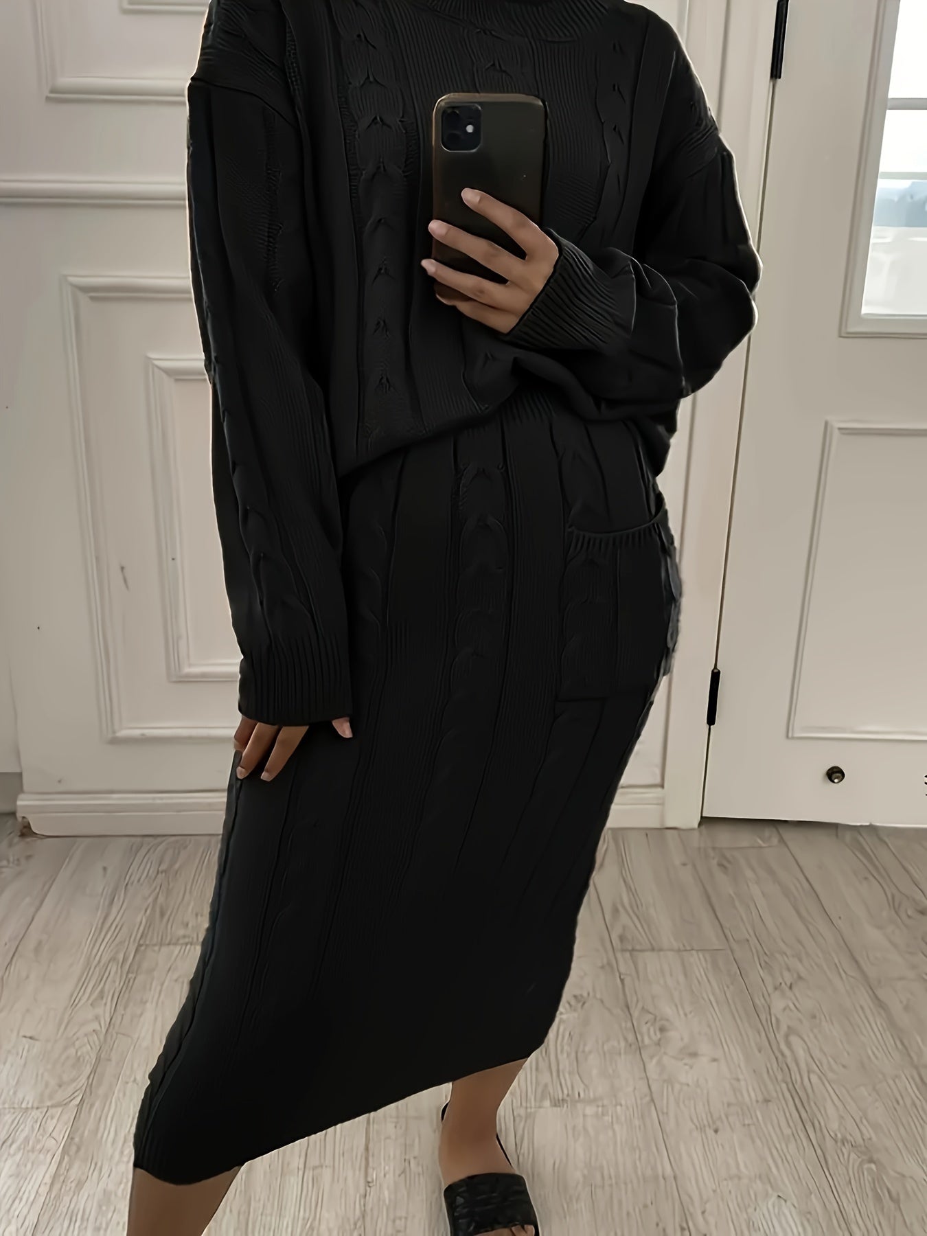 Plus Size Women's Knitted Sweater and Skirt Set Long Sleeve Casual Outfit