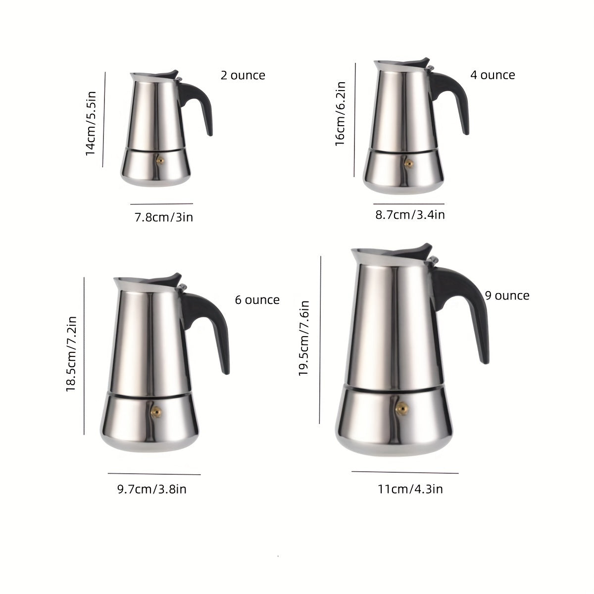 Stainless Steel Moka Pot Espresso Maker for 2 Servings Stovetop Coffee Brewer