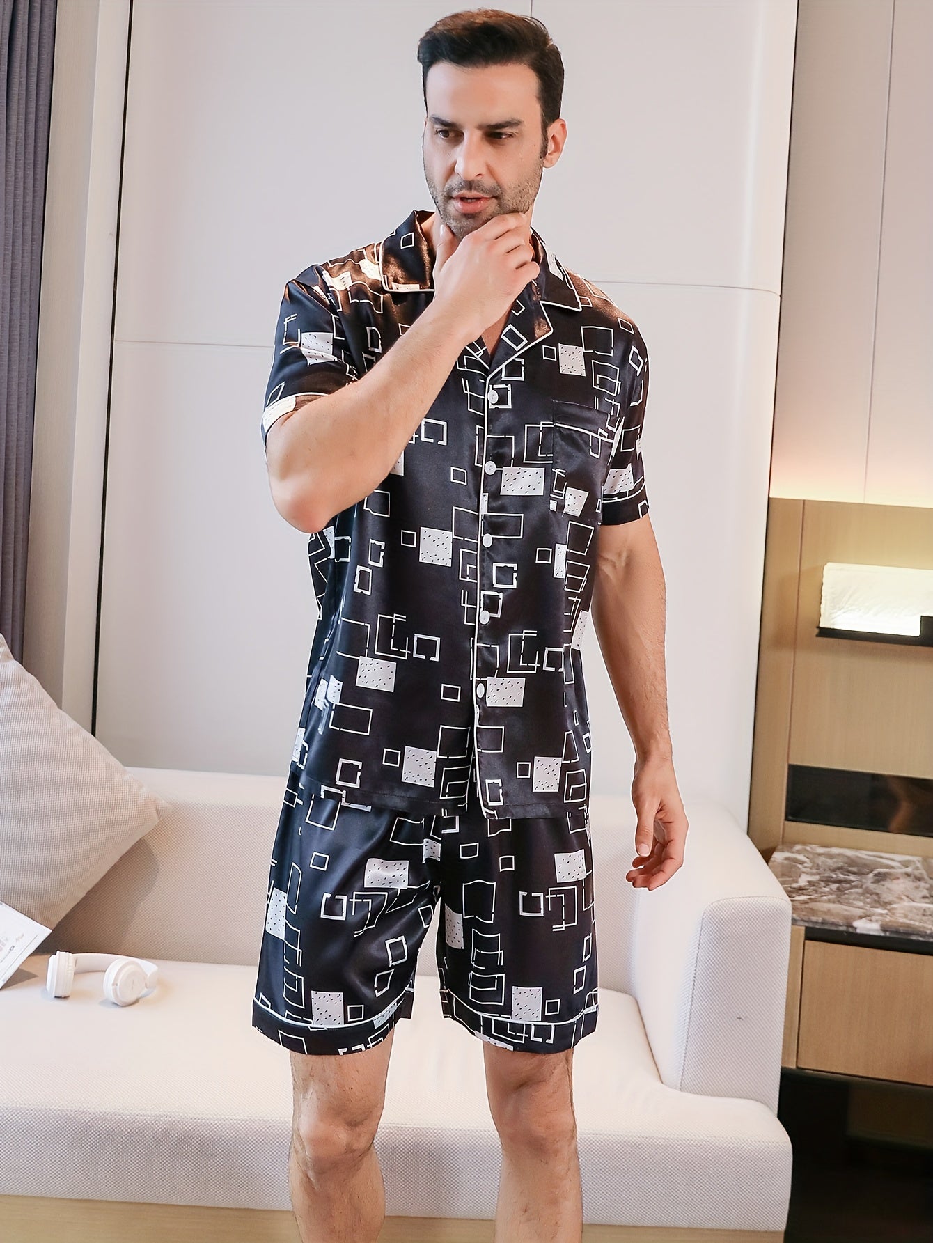 Men's Summer Pajama Set Short Sleeve Shorts Long Pants Geometric Print Cotton Blend