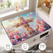 Rose Printed Washing Machine Dust Cover with Non-Slip Top Mat for Laundry Room