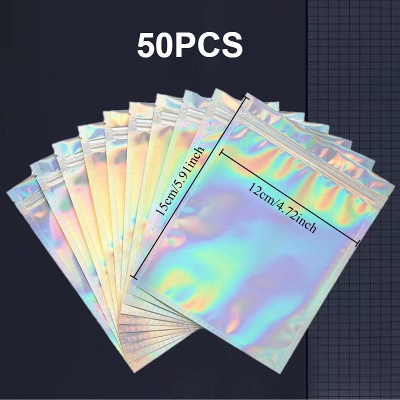 Голографические застежки-молнии с прозрачными окнами - упаковка из 50 штук - герметичное, запахонепроницаемое решение для хранения косметики, ювелирных изделий и мелких предметов - идеально подходит для малого бизнеса и организационного использования