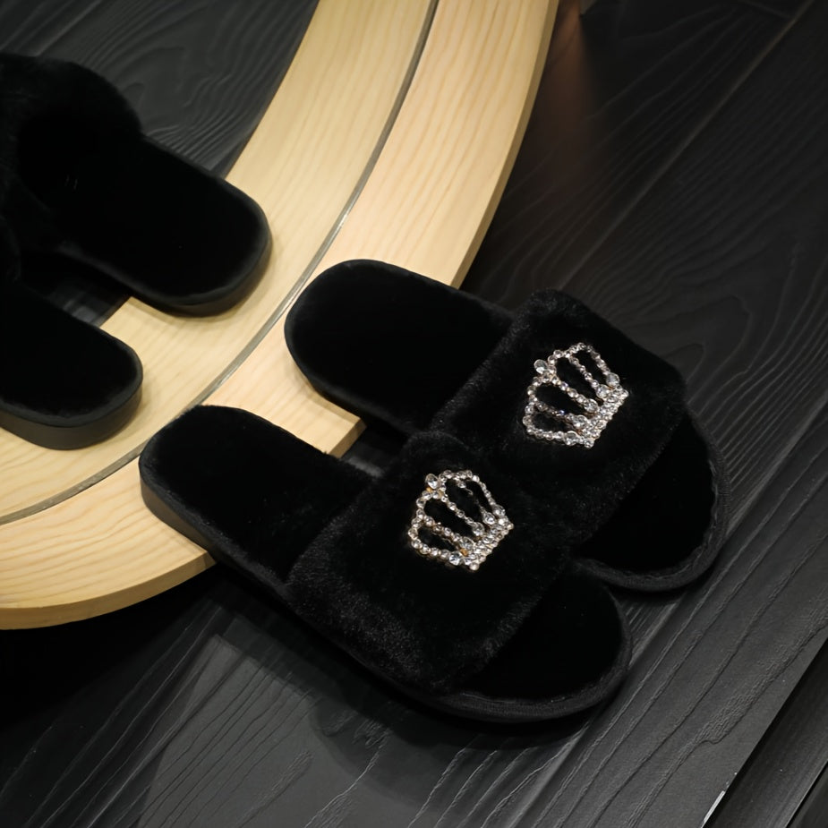 Women's Fuzzy Slippers Rhinestone Crown Indoor Non-slip Cozy Shoes