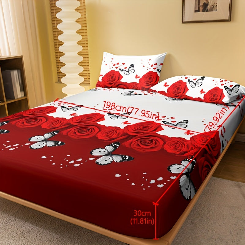 Red Rose Print Fitted Sheet Deep Pocket Mattress Protector Bedding