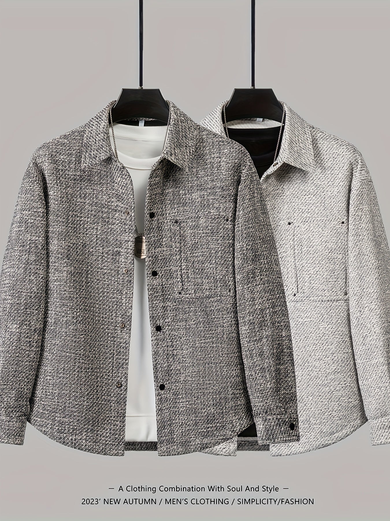 Men's Autumn Casual Lapel Collar Woven Polyester Jacket with Pockets