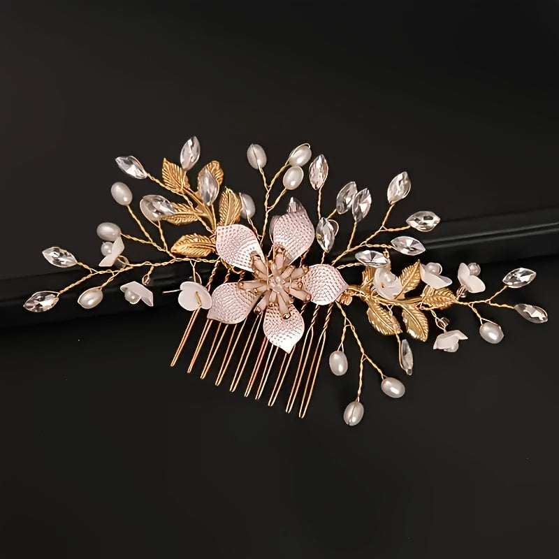 Bridal Hair Comb Faux Pearls Rhinestone Flower Wedding Hair Accessory for Women