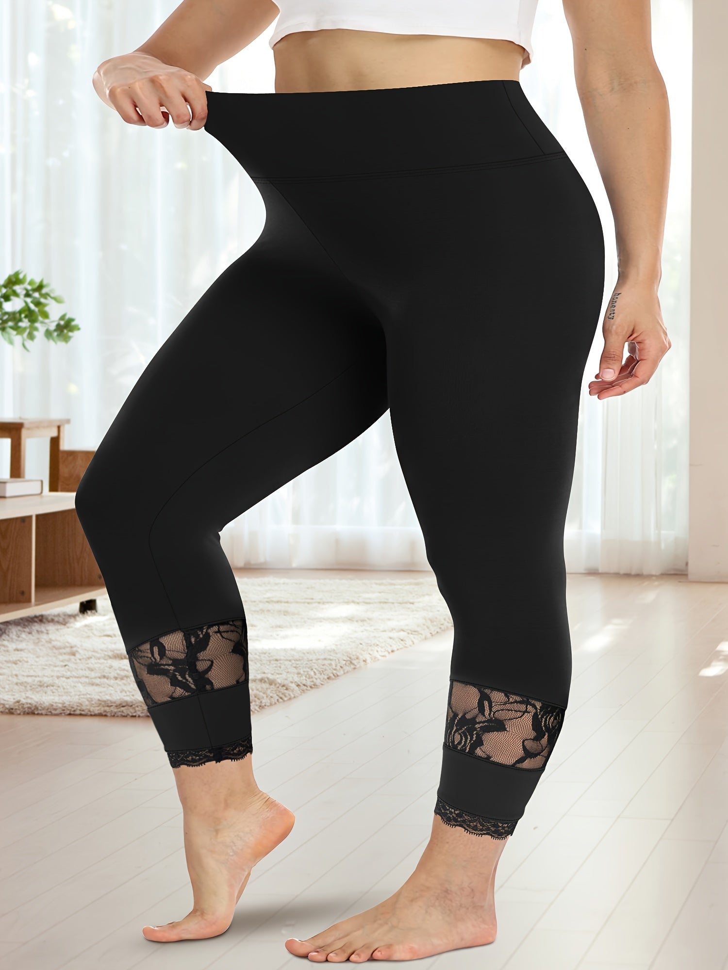 Women's Plus Size High-Waist Stretchable Floral Mesh Pants for Summer Spring Fall