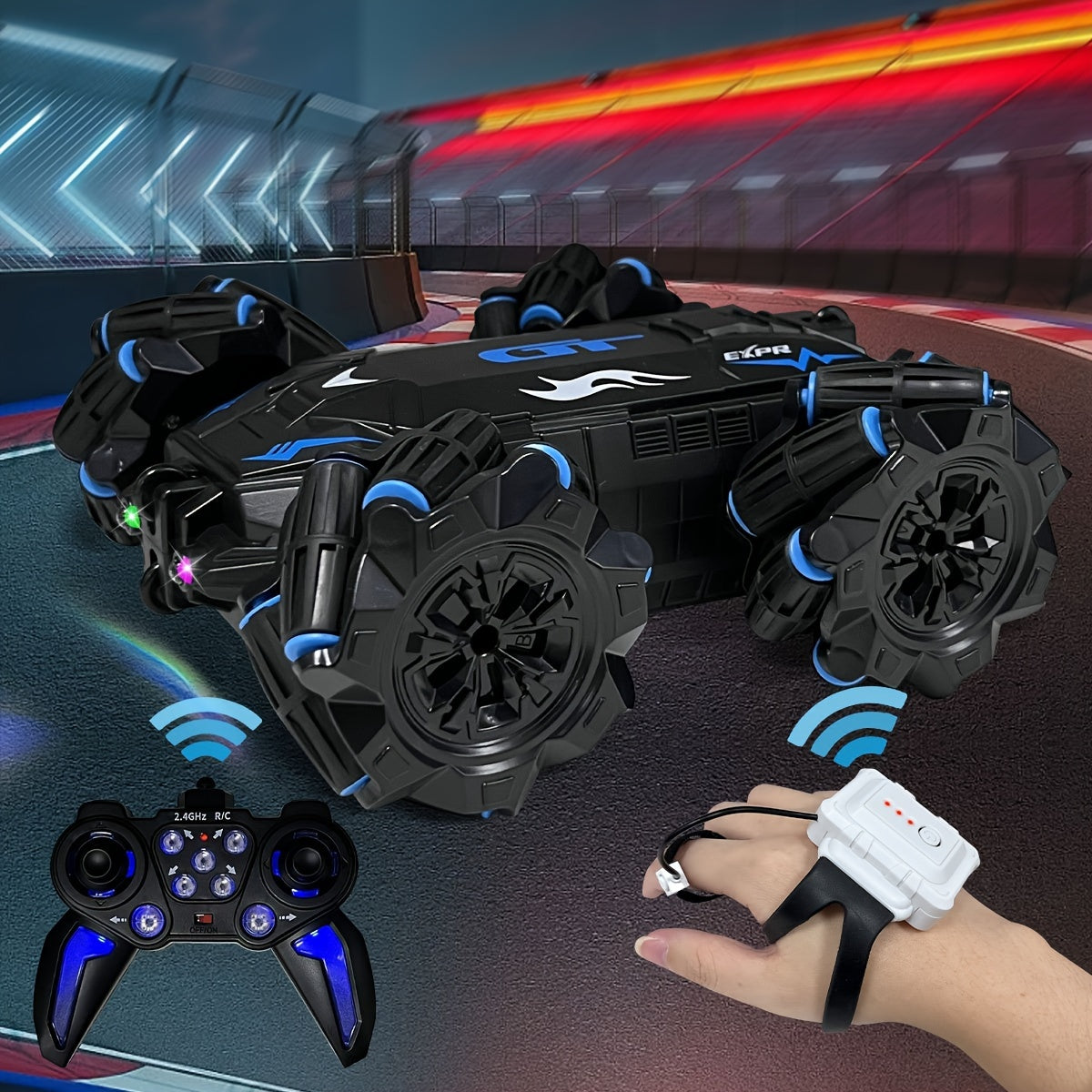 Coche de acrobacias RC con temática de fantasía con control por gestos, luces LED y música para niños de 8 años en adelante