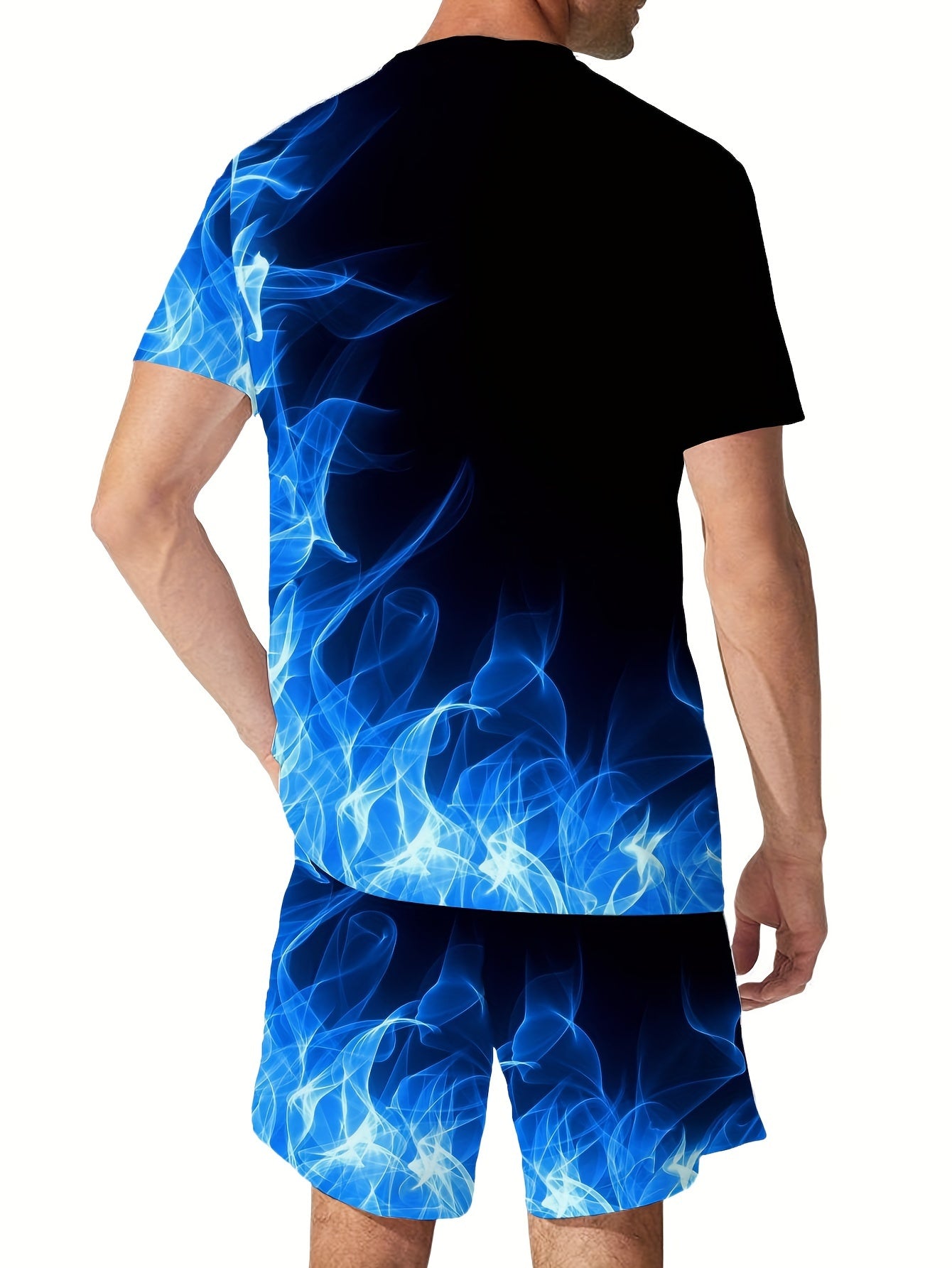 Plus Size Men's Summer Outfit Flames Print T-Shirt and Shorts Set Casual Lightweight