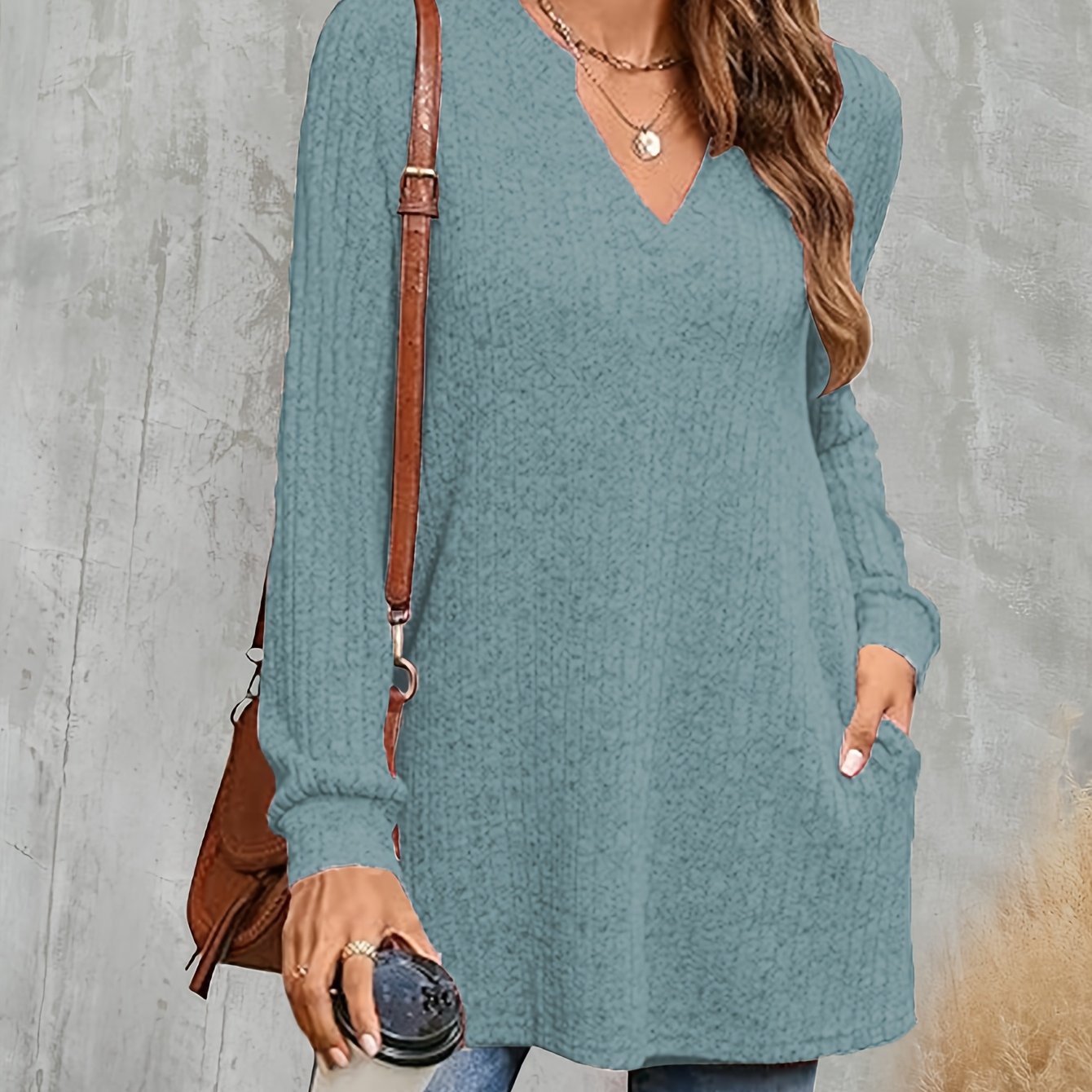 Women's Plus Size Knit Sweater Long Sleeve V-Neck Pockets Fall Winter