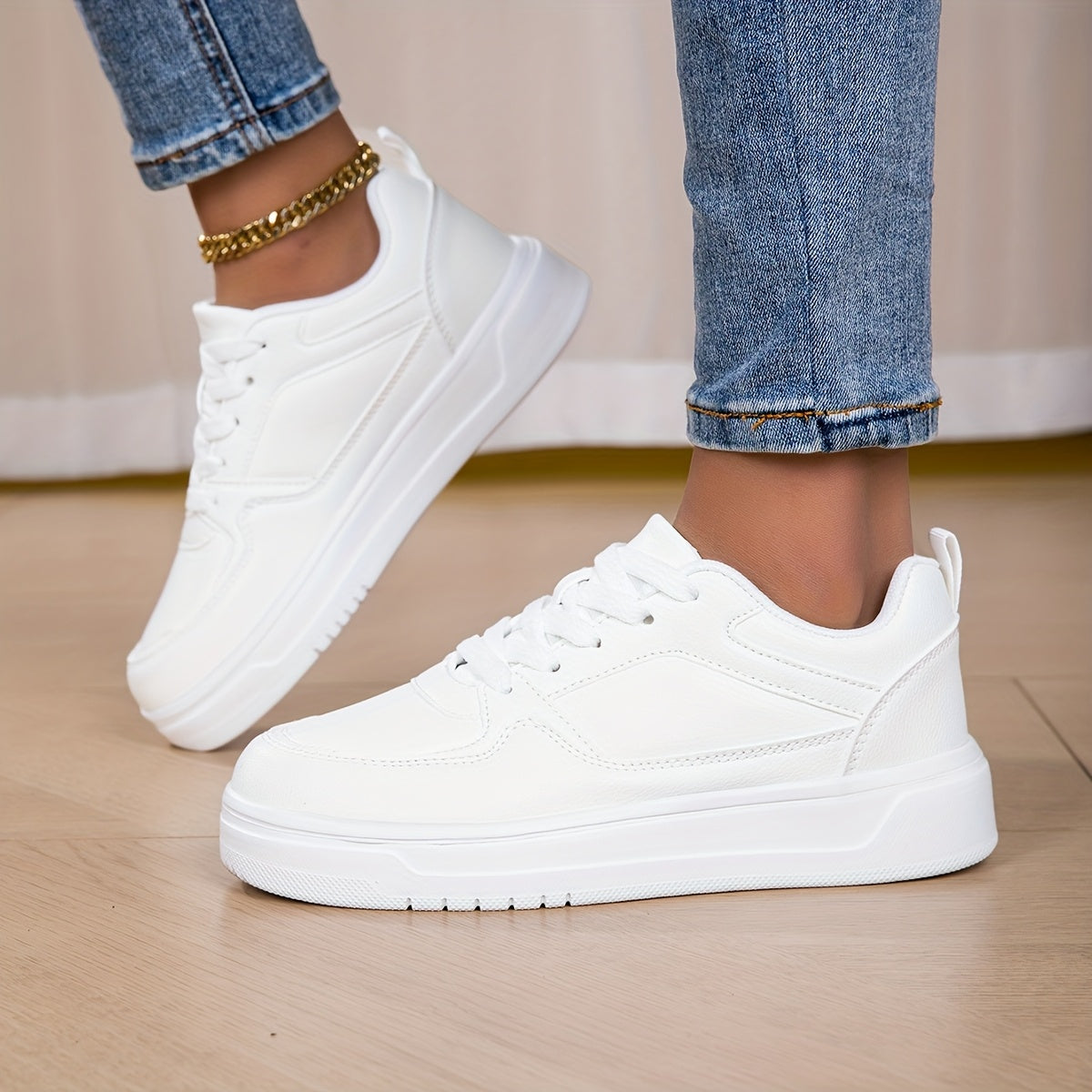 Women's White Low-Top Casual Sneakers Synthetic Fabric Cushioned Sole
