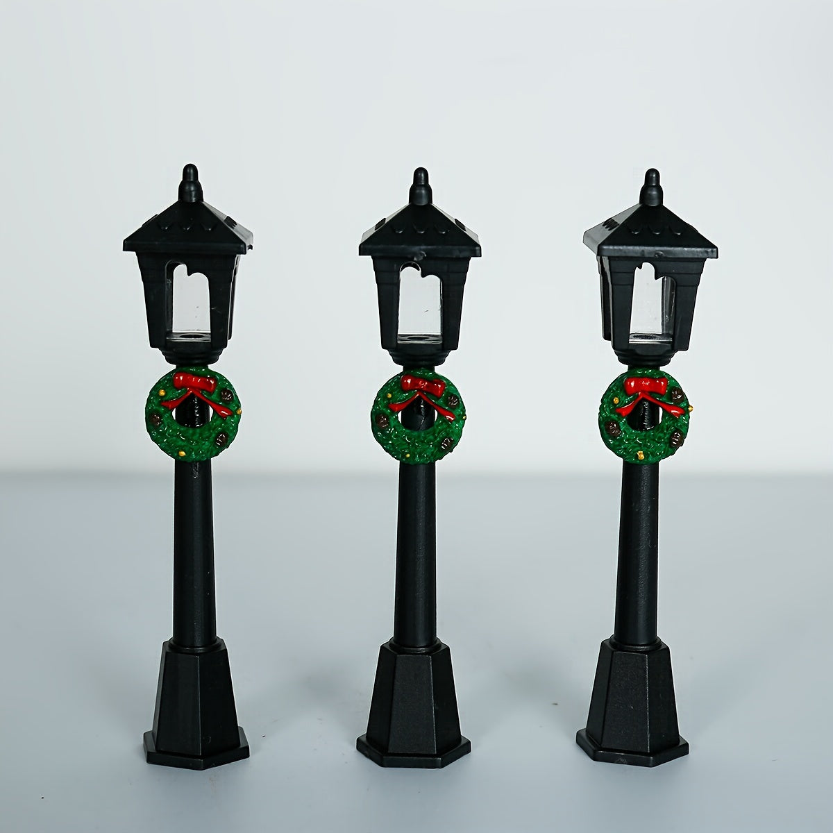 Miniature Christmas Lamp Posts with Wreaths Set of 3 Plastic Seasonal Figurines No Electricity