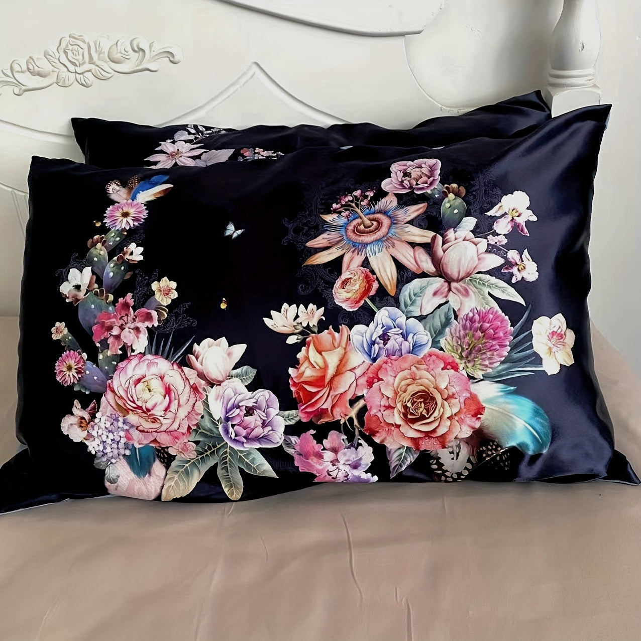 Set of 2 Satin Pillowcases with Floral Bird Patterns Reversible Envelope Closure