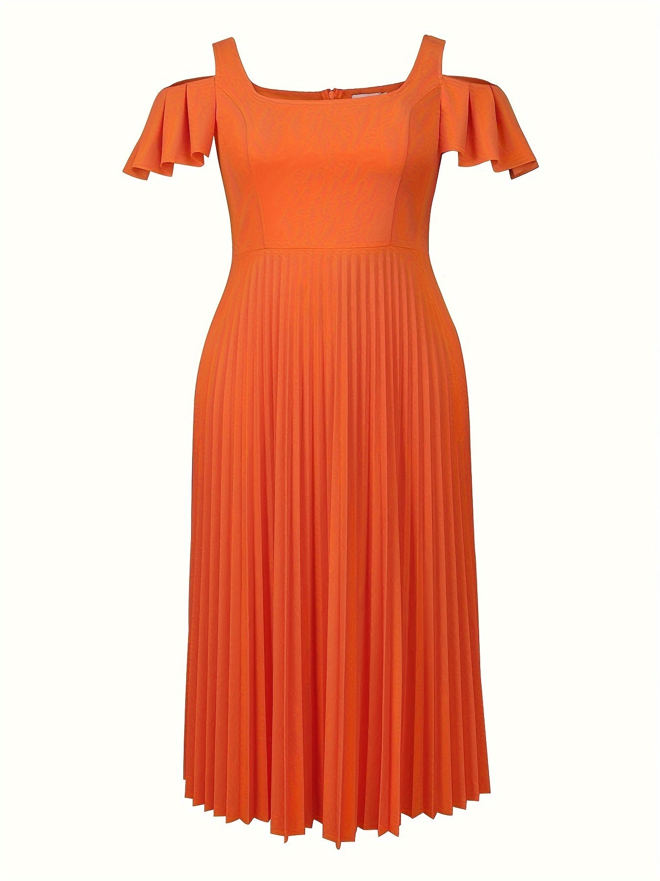 Plus Size Orange Midi Dress with Ruffle Sleeves and Pleated Detail