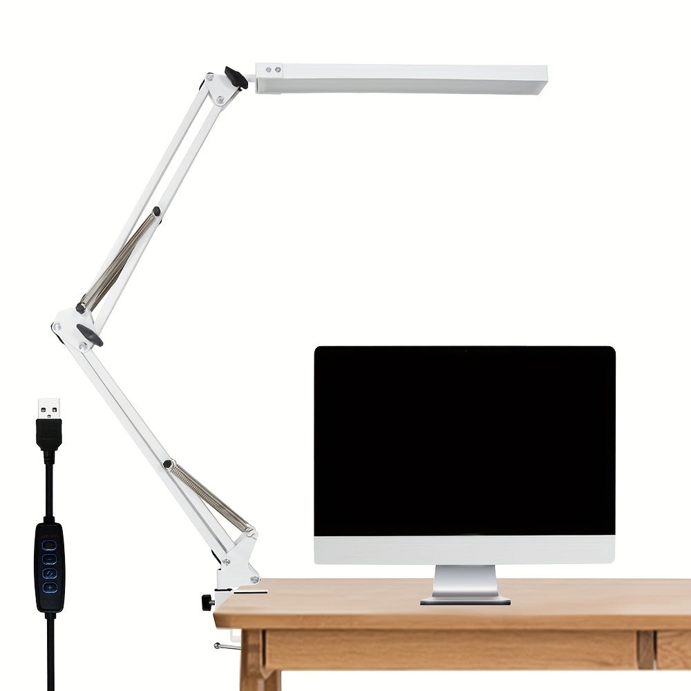 Adjustable LED Desk Lamp with Clip-On Base USB Powered 3 Color Temperatures 10 Brightness Levels Modern Swing Arm for Office Reading Study
